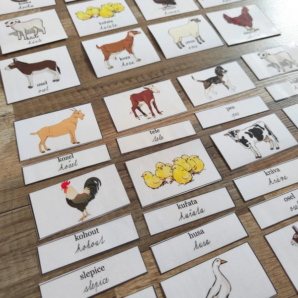 Montessori třísložkové karty - hospodářská zvířata 1