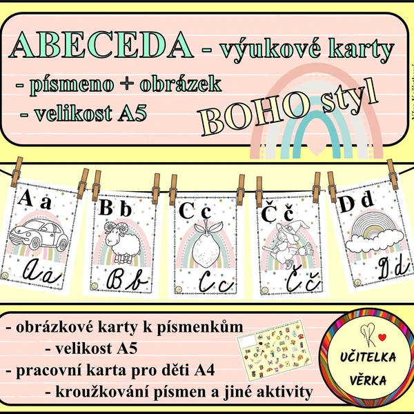 ABECEDA - výukové karty - písmeno + obrázek - velikost A5 - BOHO styl 1
