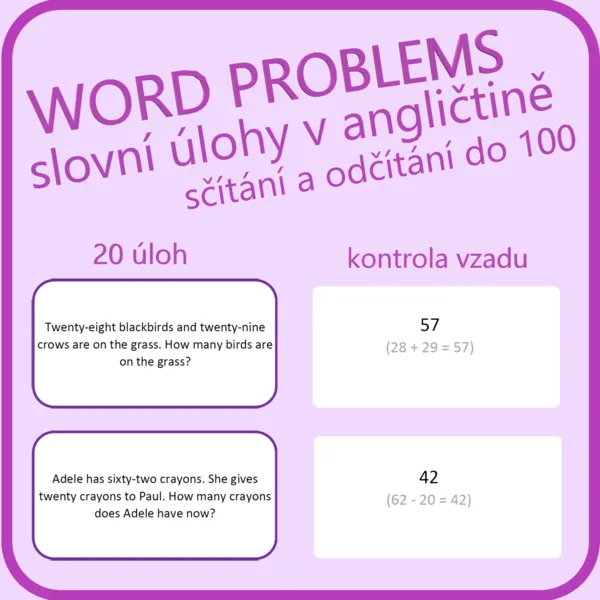 Word problems: sčítání a odčítání do 100 (slovní úlohy v angličtině) 1