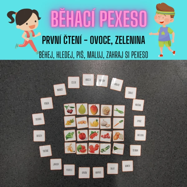 Běhací diktát - první čtení ovoce zelenina (běhej, hledej, piš, maluj, zahraj si pexeso) 1