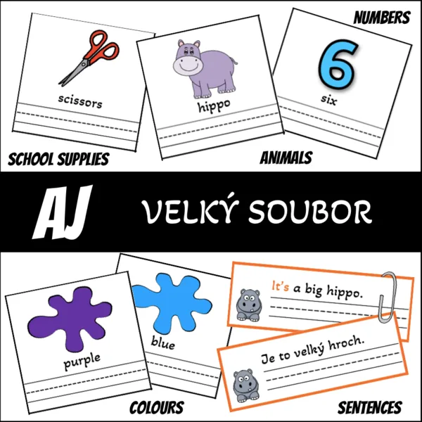 Velký soubor na AJ - school supplies, colours, animals, numbers, sentences 1
