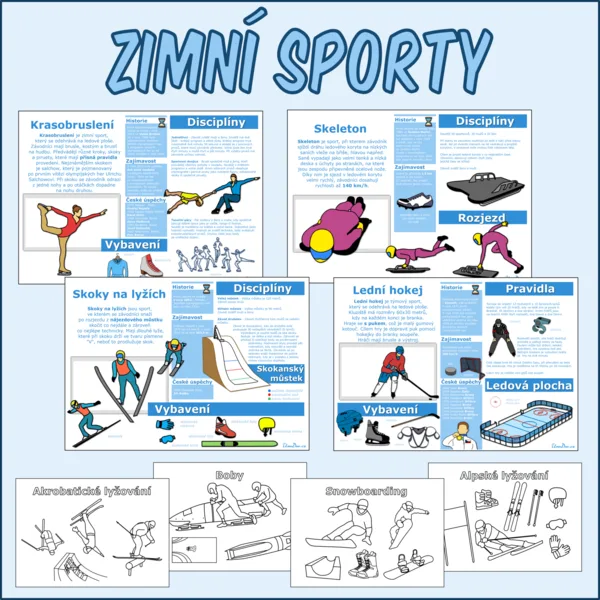 Zimní sporty - Informační karty + Omalovánky 1