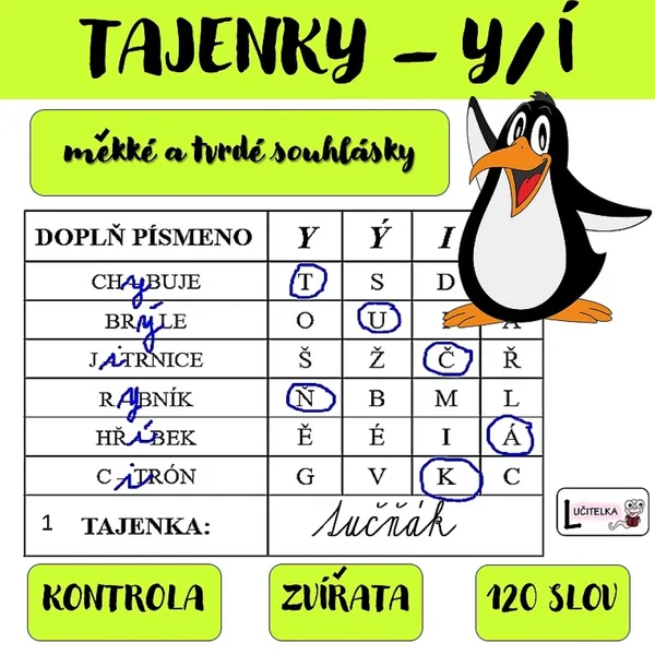 Tajenky = zvířata (y/i, měkké a tvrdé souhlásky)  1