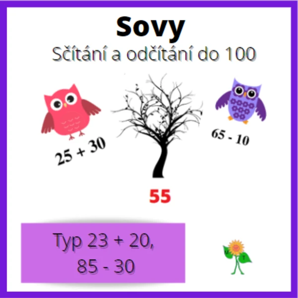 Sovy - sčítání a odčítání do 100, typ 15 + 20, 95 - 60 1