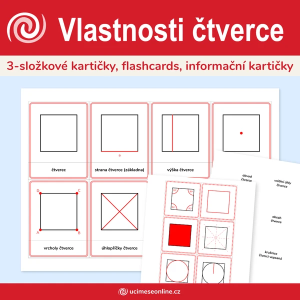 Vlastnosti čtverce - 3-složkové kartičky, flashcards, informační kartičky 1