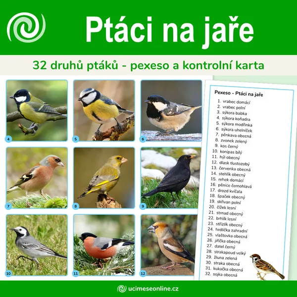 Ptáci na jaře - 32 druhů ptáků, pexeso a kontrolní karta 1