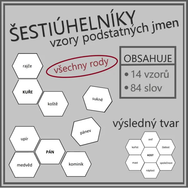 Vzory podstatných jmen - šestiúhelníky 1