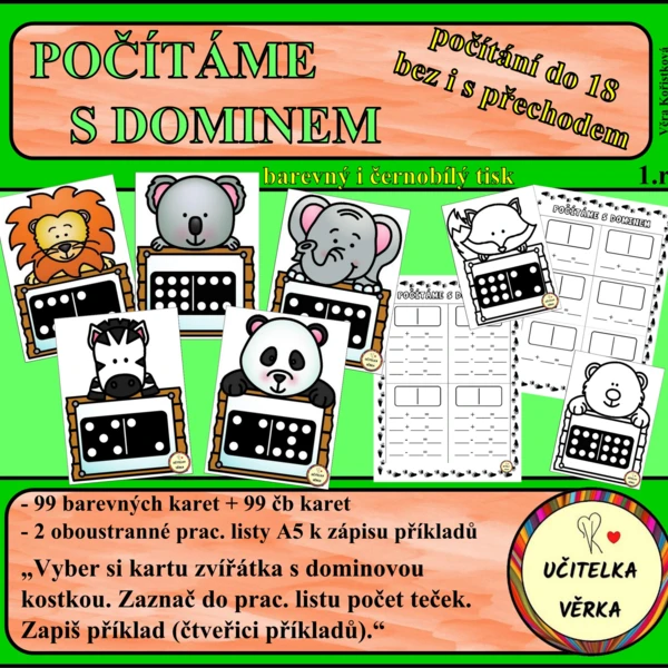 POČÍTÁME S DOMINEM - počítání do 18 bez i s přechodem 1