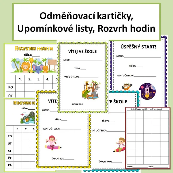 Odměňovací kartičky, Upomínkové listy, Rozvrh hodin 1