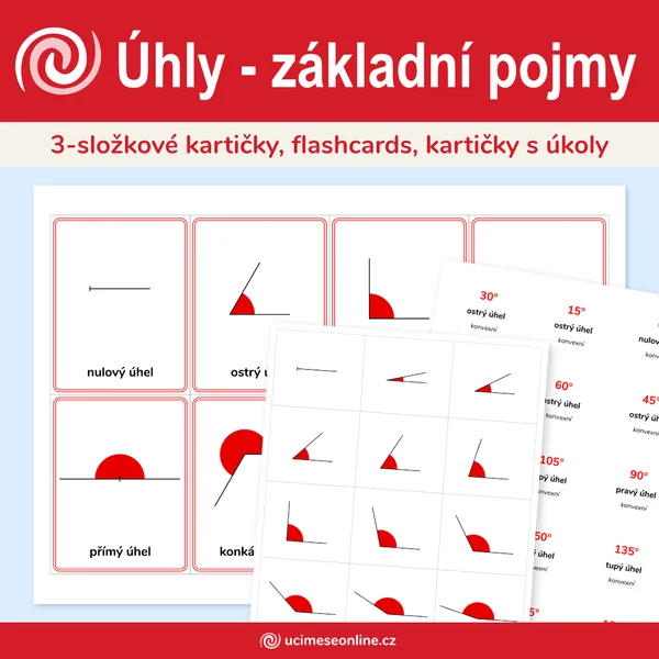 Úhly - základní pojmy, druhy úhlů, kartičky na opakování 1