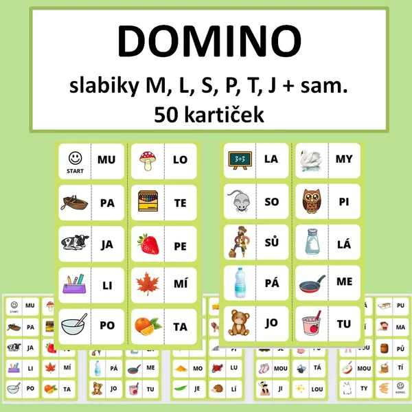Domino - slabiky M,L,S,P,T,J+samohlásky 1
