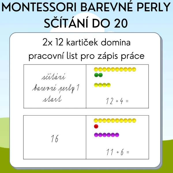 Montessori barevný perlový materiál - sčítání do 20 1