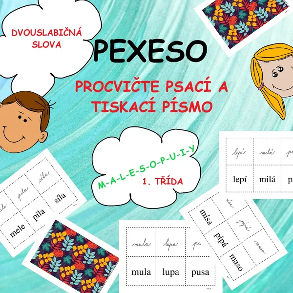 PEXESO k procvičení čtení dvouslabičných slov z psaných písmenek - MALESOPUIY 1