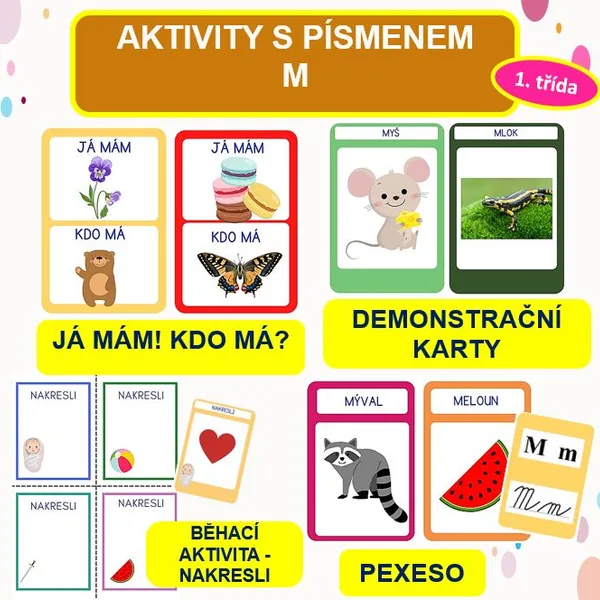 PÍSMENO M - (pexeso,  demonstrační obrázky, kreslíme -běhačka, já mám! kdo má?) 1