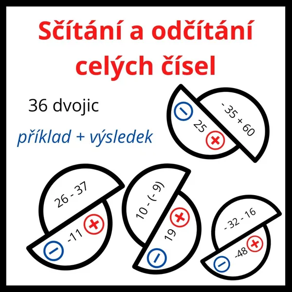 Sčítání a odčítání celých čísel - 36 dvojic příklad + výsledek 1