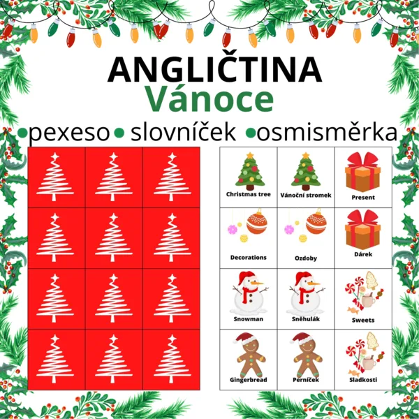 Vánoce- anglické pexeso, slovníček, osmisměrka 1