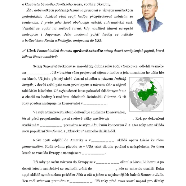 Život a dílo S. Prokofjeva - komplet pracovních listů 1