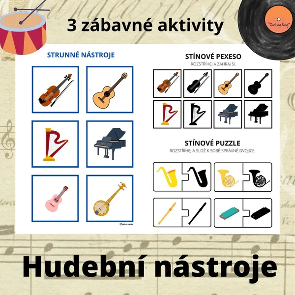 Hudební nástroje - rozdělení, stínové puzzle a pexeso 1