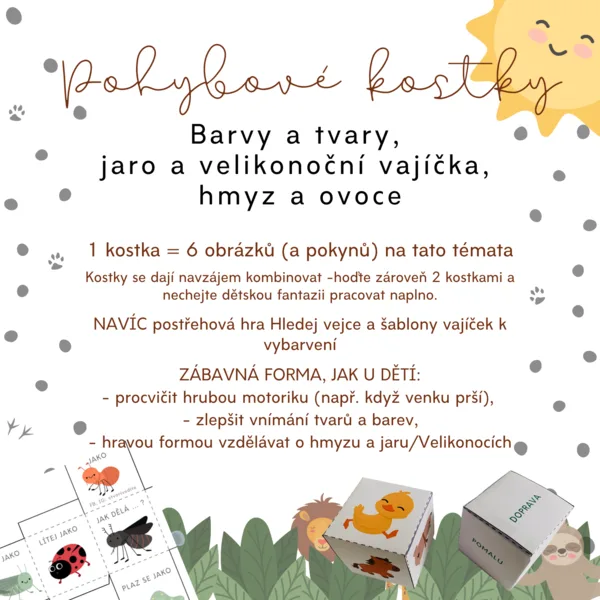 Pohybové kostky 2 - Jaro a Velikonoce, hmyz a ovoce, tvary+barvy - VELKÁ SADA 1