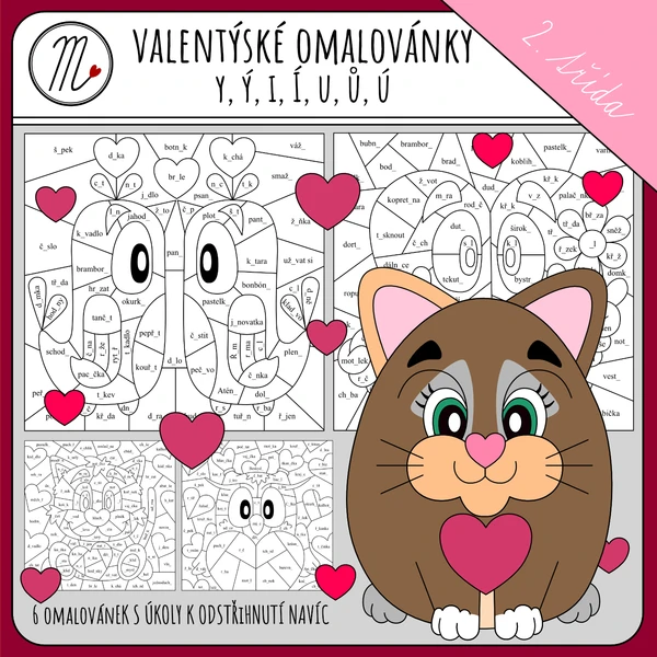 Valentýnské omalovánky - měkké a tvrdé souhlásky, u, ů, u 1