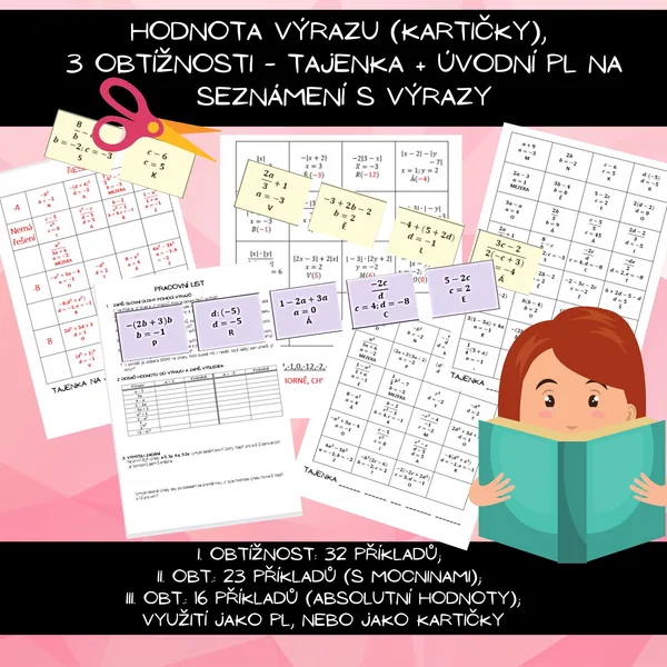 hodnota výrazu (kartičky), 3 obtížnosti - tajenka 1