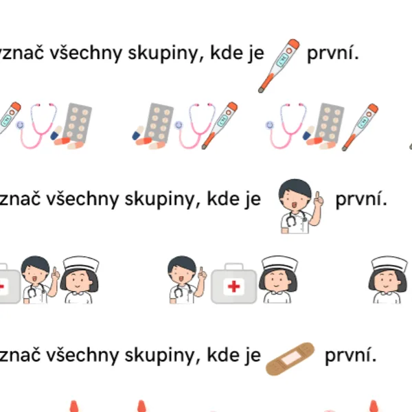 vyznač všechny skupiny, kde je první, stíny, grafomotorika - kuchař, doktor 1