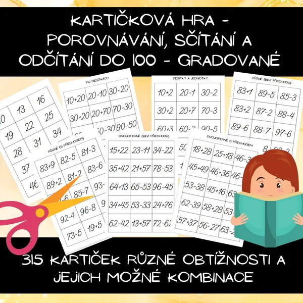 Kartičková hra - porovnávání, sčítání a odčítání do 100 - gradované 1