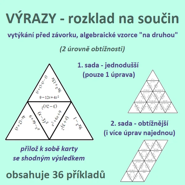 VÝRAZY – rozklad na součin – vytýkání před závorku, algebraické vzorce „na druhou“ 1