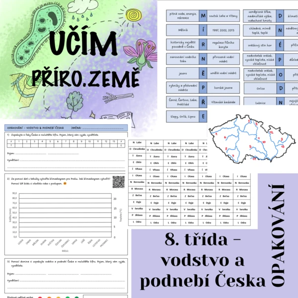 Vodstvo a podnebí Česka - aktivní opakování (šifry, kartičky, domino, pracovní list) 1