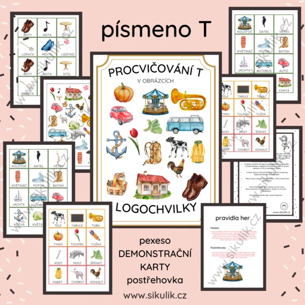 Logochvilky písmeno T pexeso, postřehovka, demonstrační kartičky 1