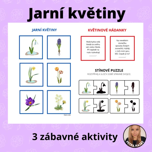 Jarní květiny - přiřazování, hádanky a stínové puzzle 1