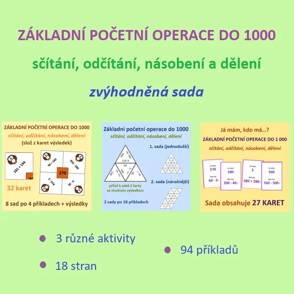 Základní početní operace do 1000 - sčítání, odčítání, násobení, dělení - SADA 1