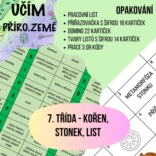Aktivní opakování - kořen stonek list (sada kartiček, domino, QR kódy, pracovní list) 1