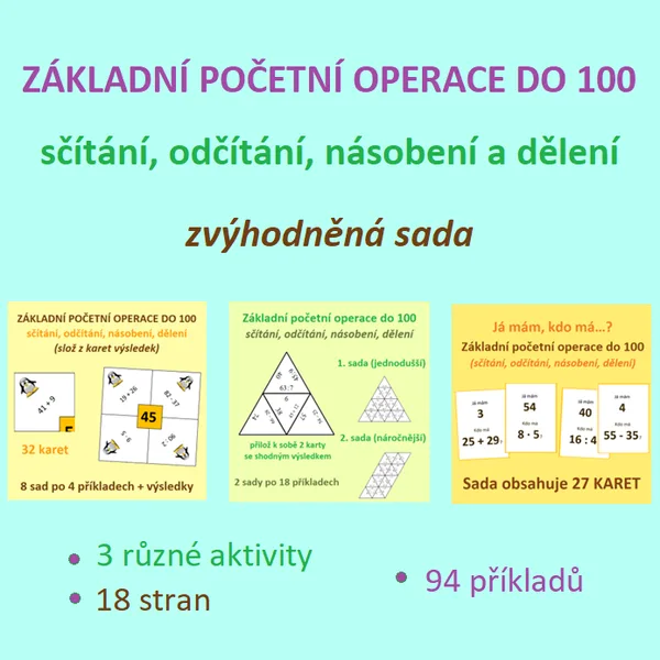 Základní početní operace do 100 - sčítání, odčítání, násobení, dělení - SADA 1