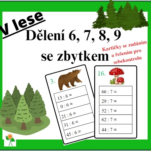 V lese - dělení 6, 7, 8, 9 se zbytkem 1