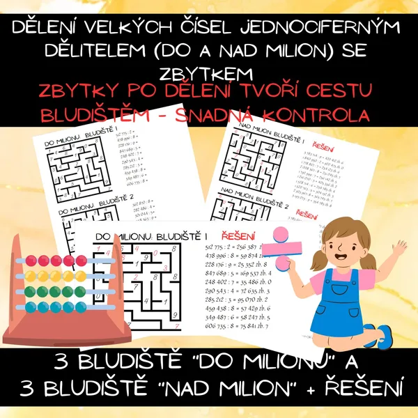 Dělení velkých čísel jednociferným dělitelem - výsledky se zbytkem -bludiště 1