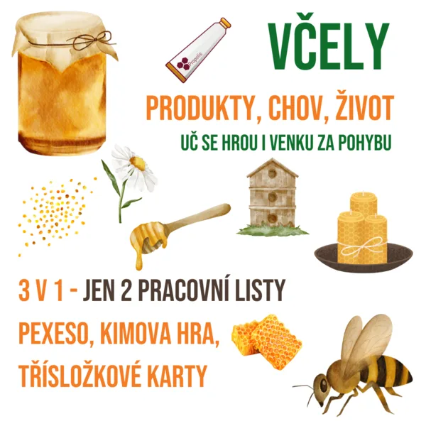 VČELY 3 v 1 - jen 2 strany, pexeso, třísložkové karty, Kimova (pohybová) hra 1