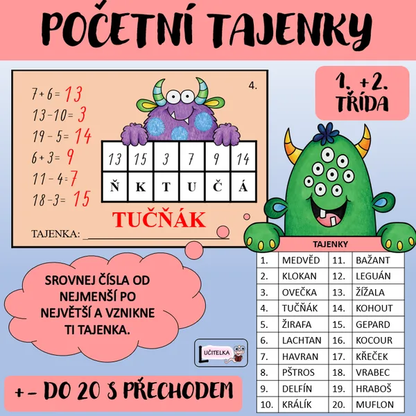 Početní tajenky do 20 / příšerky  1