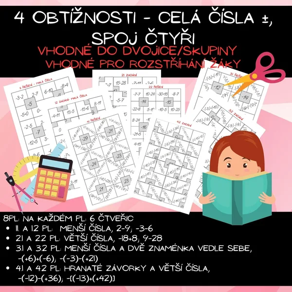 Celá čísla - sčítání, odčítání - 4 obtížnosti 1