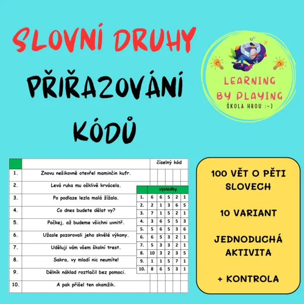 KÓDOVAČKA NA SLOVNÍ DRUHY - 100 VĚT /  VARIANT 1