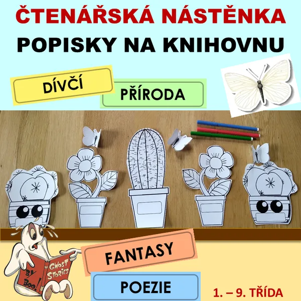 Čtenářská nástěnka, popisky na knihovnu 1