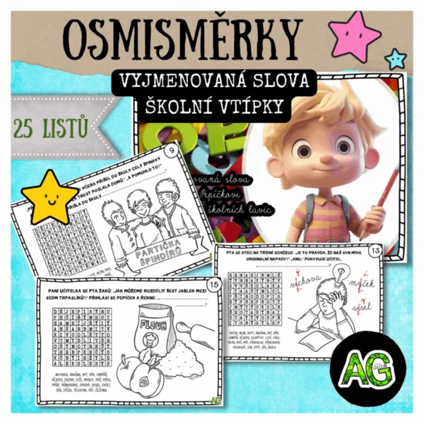 Osmisměrky s omalovánkou - vyjmenovaná slova, vtípky ze školních lavic :-) 1