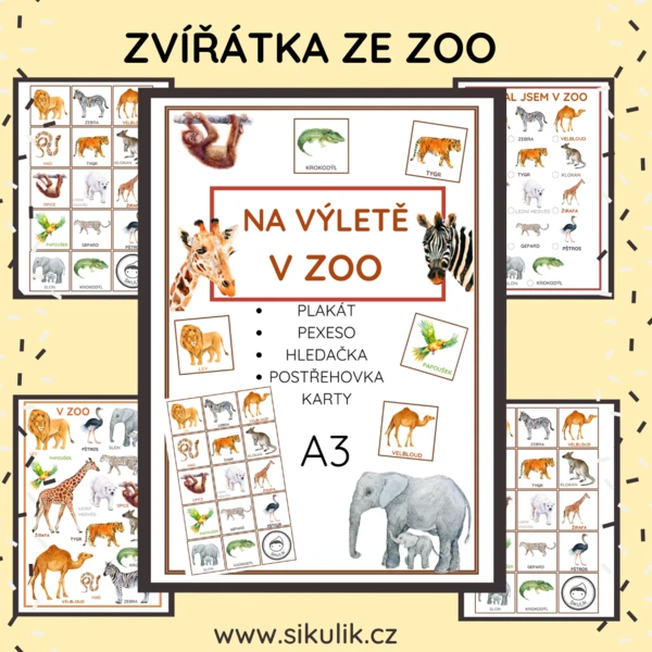 ZVÍŘÁTKA ZE ZOO plakát, pexeso, postřehovka, hledačka, karty A3 1