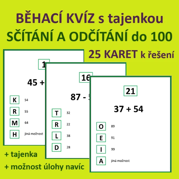 BĚHACÍ KVÍZ s tajenkou – SČÍTÁNÍ A ODČÍTÁNÍ do 100 1