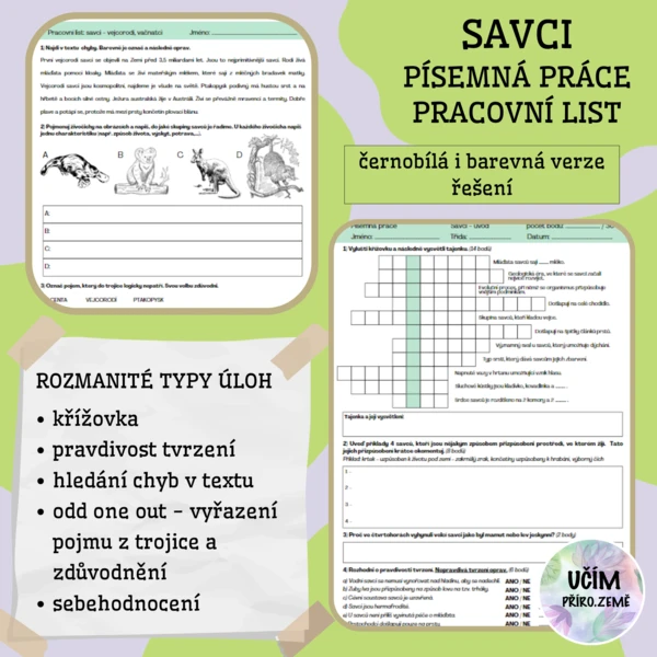 Savci - písemná práce, pracovní list 1