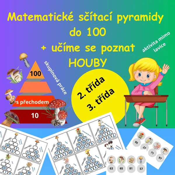 Matematické sčítací pyramidy do 100 + učíme se poznat HOUBY 1