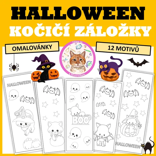 HALLOWEENSKÉ KOČÍČÍ ZÁLOŽKY - Omalovánky 1
