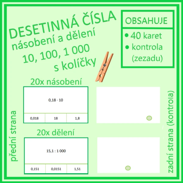 Desetinná čísla - násobení a dělení 10, 100, 1 000 s kolíčky 1