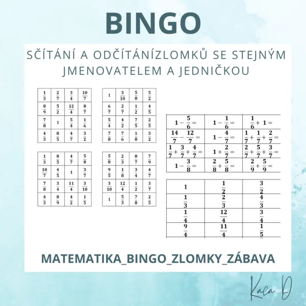 Bingo - zlomky - sčítání a odčítání zlomků se stejným jmenovatelem 1