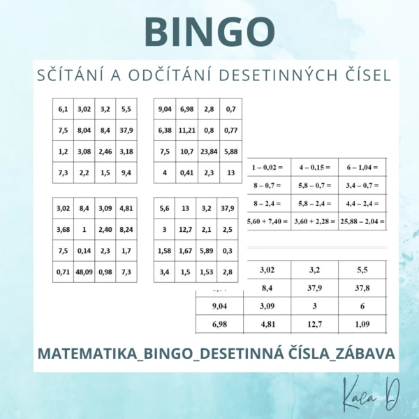 Bingo - desetinná čísla - sčítání a odčítání 1